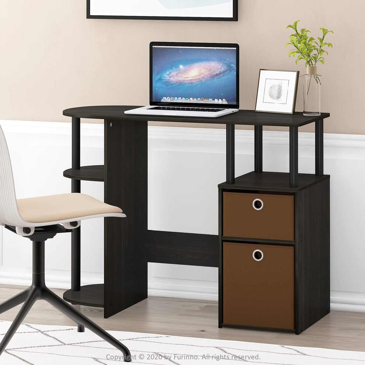 Furinno JAYA Desk, 38.4" Wide Gaming Desk with Bin Drawers, Computer Desk with Side Shelf, Office Desk for Study, Home Office, Bedroom, Dorm, Study Room, Espresso
