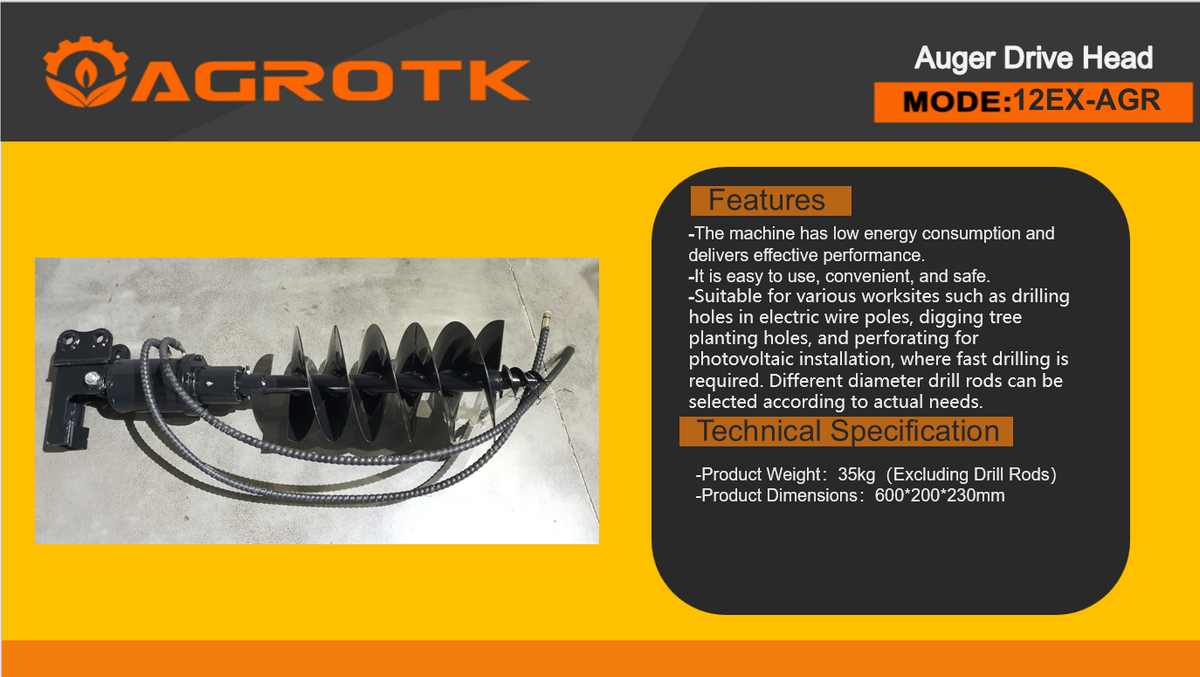 Auger Attachment W/ 8" Bit for AGT Mini Excavator | 12EX-AGR