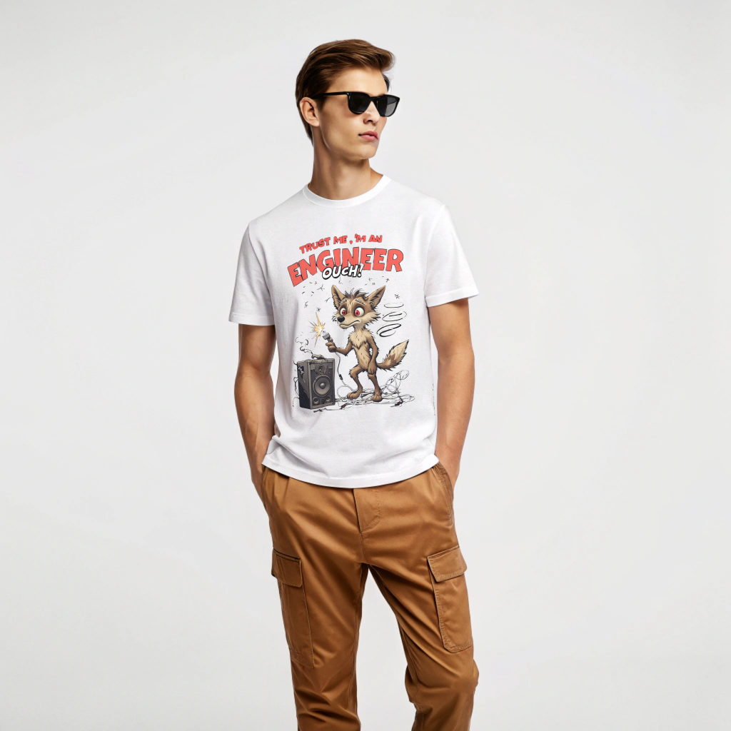 "Funny 'Trust Me, I'm an Engineer' Cartoon T-Shirt – Electrical Fail Design"