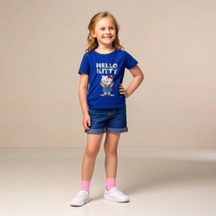 "Classic Hello Kitty in Blue Overalls – Cute Cartoon Design"