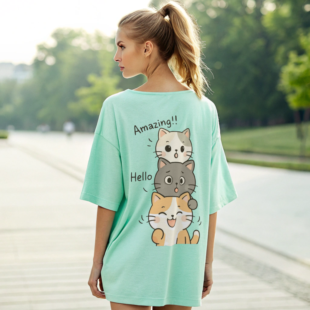 "Stacked Kittens Graphic Tee – Hello & Amazing Cat Vibes!"